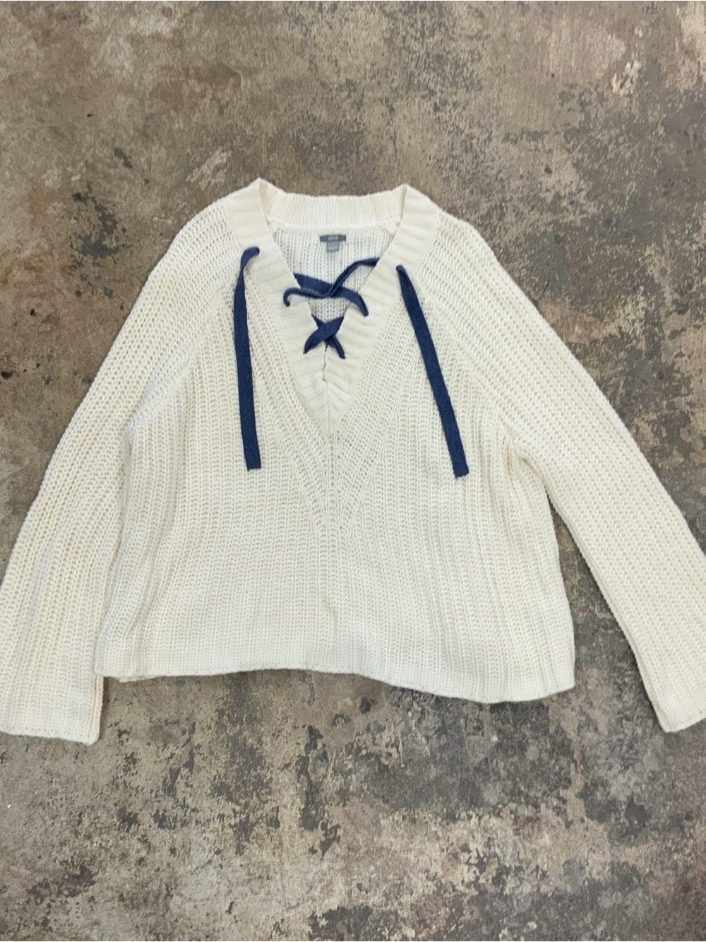 Aerie Cream Lace-Up V-Neck Women's Chunky Knit AEO Sweater